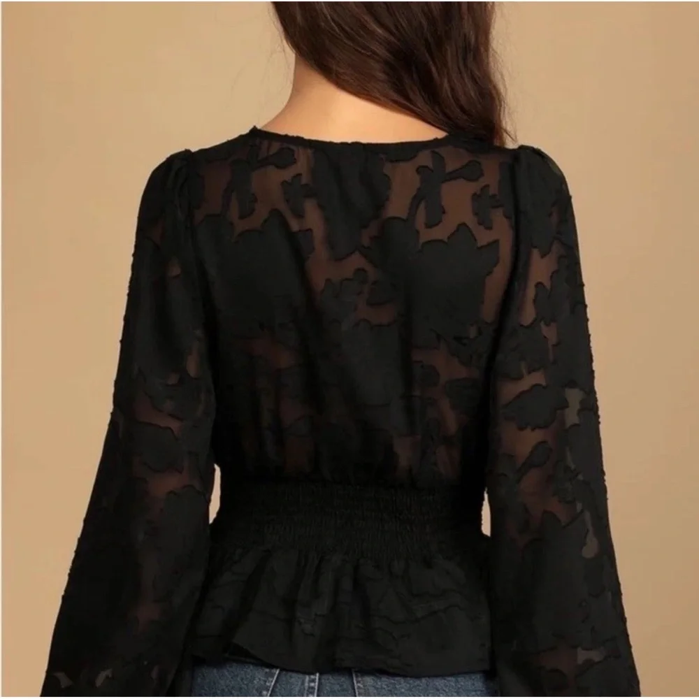 Lulus Women's M Patio Date Black Floral Burnout Lace Button-Up Long Sleeve Top - Picture 2 of 13